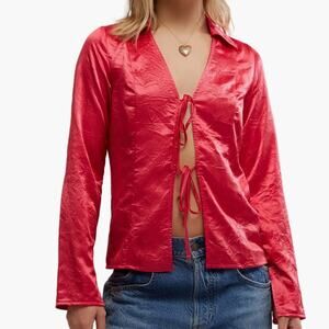 Free People Star Eyes Crinkle Satin Top - Retro Red M